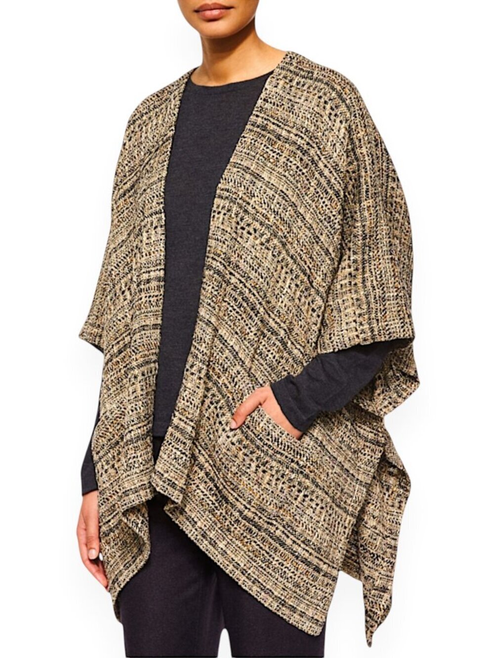 Eskandar Metallic Tweedy Tabard Extra Wide Longer Back Kimono Poncho 0 Open Size
